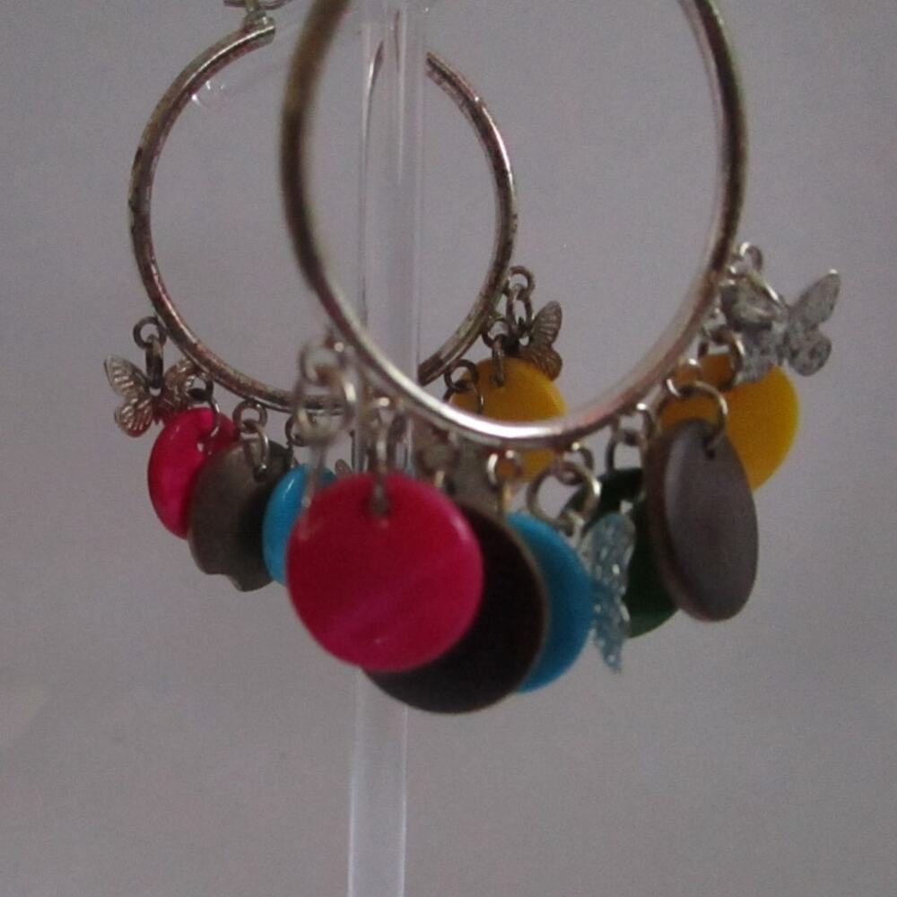 Colorful Boho Hoop Earrings with Butterfly Charms Mixed Disc Dangles 2in - Picture 10 of 17